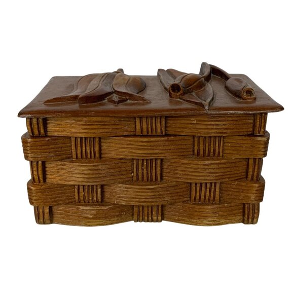 Vintage Handcrafted Wooden Trinket Box Tulip Floral Carved Top Basket Weave - Picture 2 of 8